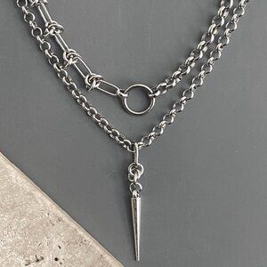 NEW, 2 layered silver necklaces; steel NON TARNISH CHAIN, plated SPIKE edgy punk